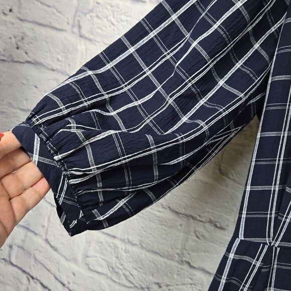 Calvin Klein Navy Belted Plaid Gauze Dress Balloon Puff Sleeves A-line CK Career - Picture 8 of 16